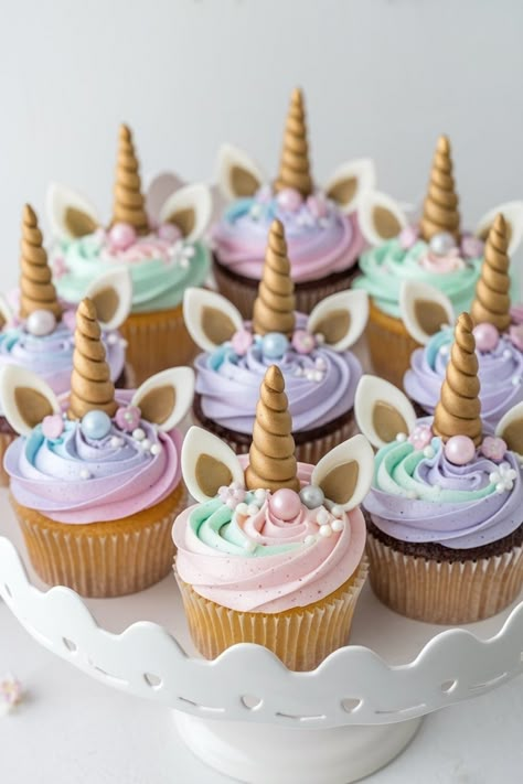 Unicorn Cupcake Party Décor That’s Pure Magic Unicorn Decorations Birthday, 5th Unicorn Birthday Party, Simple Unicorn Birthday Decorations, Unicorn Birthday Party Decorations Decor, Unicorn Birthday Cupcakes, Spooky Cupcake Ideas, Unicorn Bday Party Ideas, Unicorn Theme Birthday Decoration, Unicorn Birthday Party Food