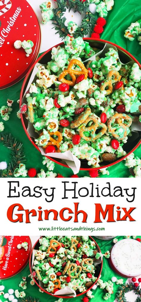 Grinch Mix Recipes, Grinch Christmas Candy, Grinch Dinner Food, Grinchmas Party Ideas Food, Grinch Theme Preschool, Grinch Trail Mix Christmas Parties, Grinch Snacks For School, Grinch Chex Mix Recipes, Grinch Party Treats