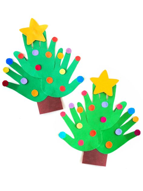 Handprint Christmas Tree Craft Hand Christmas Tree Craft For Kids, Christmas Crafts Easy For Kids, Hand Print Christmas Tree, Holiday Tree Craft, Playgroup Themes, Christmas Tree Crafts For Kids, Tree Crafts For Kids, Hand Christmas Tree, Senior Crafts