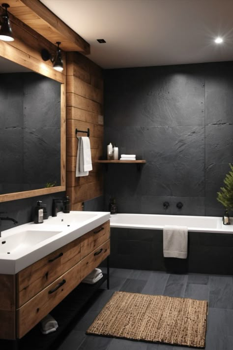 Bring the cozy sophistication of a mountain retreat into your bathroom with dark pine elements and rugged black slate surfaces. Alpine luxury at home. #MountainStyle #LodgeDesign #RusticLuxury Ski Bathroom Ideas, Dark Modern Mountain House, Bathroom Mountain House, Modern Mountain Home Decor Ideas, Contemporary Cabin Bathroom, Dark Gray And Wood Bathroom, Mountain Spa Bathroom, Dark Rustic Bathroom Ideas, Dark Bathroom With Wood