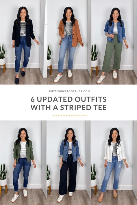 Updated Outfits With a Striped Tee Stripe Tee Outfit, Updated Outfits, Outfits With Striped Shirts, Full Closet, Capsule Wardrobe Casual, Wardrobe Sets, Timeless Outfits, Stripe Outfits, Wardrobe Outfits