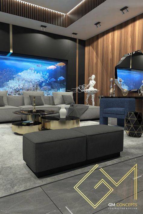 Living Room Grey Sofa, Aquarium Living Room, Modern Aquarium, Fish Tank Wall, Grey Sofa, Home Aquarium, Wood Cladding, Gray Sofa, Living Room Grey