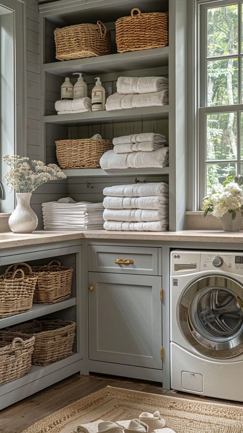 Laundry Room 2024, French Country Laundry Room Ideas, Long Laundry Room Ideas, Laundry Room Shelving, Elegant Laundry Room, Laundry Room Decor Ideas, House Laundry Room, Laundry Room Lighting, Laundry Room Wallpaper