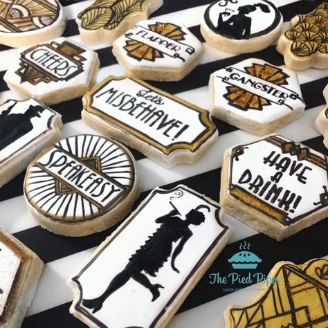 1920’s Prohibition Great Gatsby Cookies 1920s Party Favors Roaring 20s, Speakeasy Cookies, Gatsby Cookies Roaring 20s, Great Gatsby Bday Party, Great Gatsby Party Favors Ideas, Great Gatsby Goodie Bags, Gatsby Favors, 1920s Cupcakes, Gatsby Food Ideas