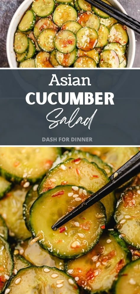 This Asian-inspired Spicy Cucumber Salad is the perfect healthy side dish for nearly any occasion. Featuring crisp cucumbers, and a spicy honey-soy dressing, this cucumber salad recipe is as flavorful as it is easy to make. Ready in just 15 minutes, this vegetable side dish is perfect for busy weeknight meals, and pairs perfectly with salmon, rice, pork, stir fries, and more! Fresh Asian Salad, Asian Style Cucumbers, Korean Style Cucumbers, Cucumber With A Bang, Salad Greens Recipe, Cucumber Recipes Asian, Spicy Cucumber Salad Asian, Cucumber Asian Salad, Healthy Cucumber Recipes