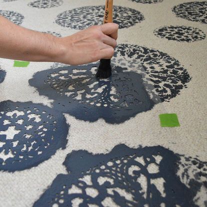 how to use stencils on an old carpet, diy, flooring, painting, Stenciling a carpet Diy Rug Painting, Painted Carpet, Stencil Rug, Hand Painted Floor, Rug Makeover, Carpet Painting, Good Housekeeping Magazine, Fluffy Shoes, Painting Carpet