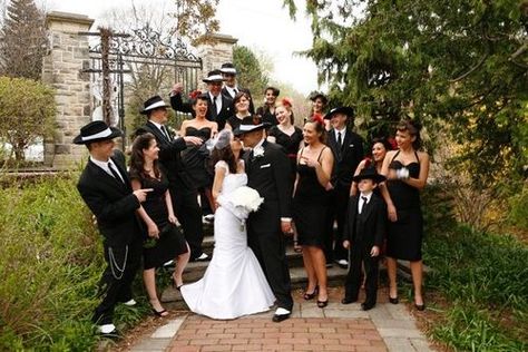 LOVE it! Fedora's and black bridesmaid dresses for sure. and I am OBSESSED with the hairstyle of the bridesmaid on the right! Zoot Suit Wedding, Gangster Wedding, Old School Wedding, 40s Wedding, Hollywood Glam Wedding, Old Hollywood Wedding, 1920s Wedding, Wedding Movies, Wedding Help