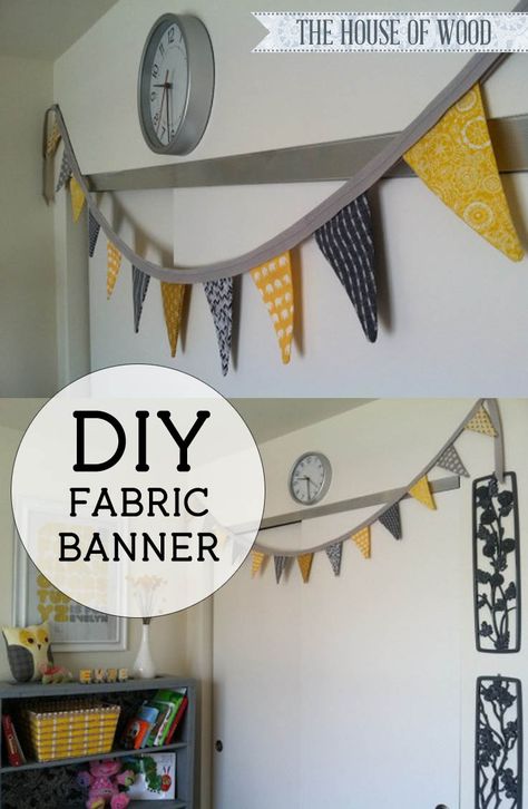 Make your own fabric bunting banner with this tutorial by Jen Woodhouse from The House of Wood. Easy, beginner DIY project to decorate your child's nursery! Diy Fabric Banner, Fabric Banner Diy, Diy Fabric Bunting, Diy Bunting Banner, Homemade Banners, Classroom Bunting, Cloth Banner, Make Your Own Fabric, Bunting Tutorial