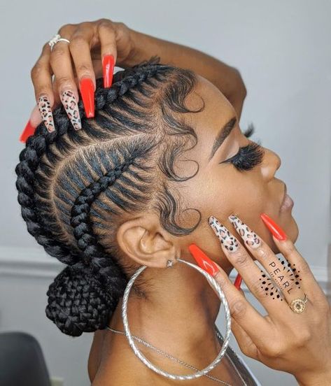 Stitch Braids with Braided Low Bun Braided Bun Black Hair, Two Cornrow Braids, Big Cornrows, Braided Bun Styles, Black Hair Bun, Straight Back Cornrows, Side Cornrows, Twist Cornrows, Cornrow Ponytail