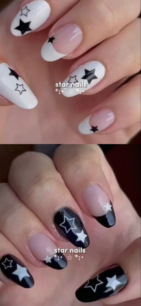 Black And White Star Nails Acrylic Y2k, Rock Star Nails Designs, Arctic Monkeys Inspired Nails, Star Nails Y2k, Rock Star Nails, Stars Nails, Star Nail Designs, Natural Nail Designs, Band Nails