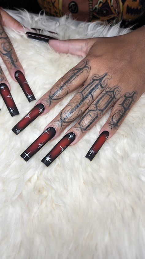 Red See Threw Nails, Old School Airbrush Nails, Dark Red Nail Designs Coffin, Red Aura Nails Acrylic, Airbrush Nails Designs Acrylics, Long Dark Nails Inspiration, Airbrush Red Nails, Xl Goth Nails, Halloween Airbrush Nails