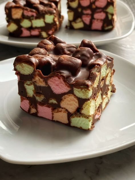 Chocolate Confetti Squares Recipe, Cookies And Squares Recipes, Confetti Squares Recipe, Colored Marshmallow Squares, Marshmallow Confetti Squares, Confetti Bars Recipes, Christmas Cookies And Squares, Chocolate Confetti Squares, Chocolate Squares And Bars Recipes