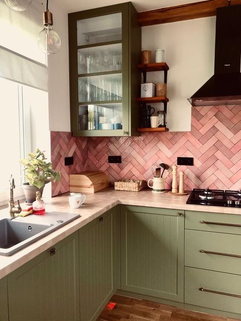 Green Kitchen Cabinets Pink Tiles, Modern Mushroom Kitchen, Green Kitchen With Pink Accents, Green Pink Wood Kitchen, Pink Backsplash Kitchen Green Cabinets, Pink Green And Black Kitchen, Green Kitchen With Pink Tiles, Blush And Sage Kitchen, Pink And Sage Green Kitchen