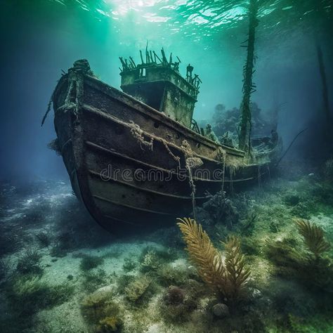 Shipwreck underwater close-up. Generative AI royalty free stock photos Ship Wreck Drawings, Shipwreck Drawing, Shipwreck Underwater, Ship Underwater, Shipwreck Tattoo, Boat Underwater, Underwater Shipwreck, Underwater Ruins, Ship Wrecks