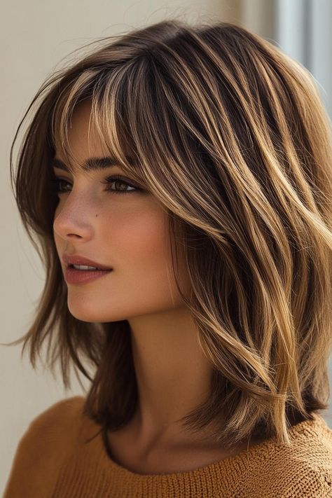 Gentle Shag Haircut, Shoulder Length Hair With Waves, Shoulder Length With Layers And Bangs, Butterfly Cut Shoulder Length, Shoulder Shag Haircut, Shoulder Length Layered Bob With Bangs, Shoulder Length Choppy Bob, Trendy Shoulder Length Haircuts Medium Layered, Shoulder Length Hair With Layers Bangs