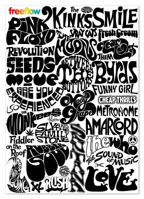 Freeflow by SODesign, via Behance 1970 Typography, 60's Font, 60s Font, 1960s Fonts Typography, 70s Script Font, Psychedelia Font, Psy Art, Hand Drawn Logo, Rock N’roll