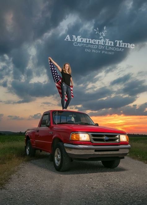 Bronco Senior Pictures, Rotc Senior Pictures High Schools, Senior Picture Ideas Truck, American Flag Senior Pictures, Flag Senior Pictures, American Flag Photoshoot, Senior Pictures With Truck, Truck Poses, Truck Senior Pictures