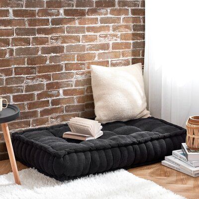 Add a quick seating option to your space with a Rainha - Ultra thick tufted floor pillow. This floor pillow is tufted to add some style, while the inner fill adds cushioned comfort. It's perfect for college dorm rooms, apartments, your bedroom, or anywhere you might want to hang out with your friends and family. Color: Black | Red Barrel Studio® Rectangle Tufted Extra Thick Oversized Floor Pillow Polyester / Polyfill in Black, Size 7.85 H x 40.15 W x 23.6 D in | Wayfair Dorm Seating, Dorm Room Supplies, Small Space Seating, Dorm Bedding Twin Xl, Boho Dorm Decor, Dorm Comforters, Small Dorm Room, Small Dorm, Large Floor Cushions