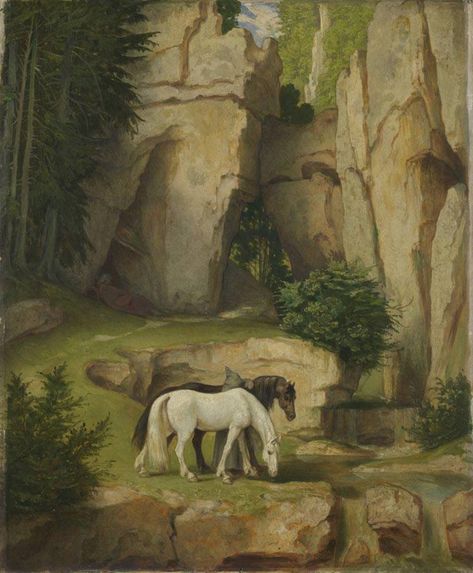 Moritz von Schwind: “Ein Einsiedler führt Rosse zur Tränke”, ( A Hermit leads horses to water), 1850, oil on oak wood, Dimensions: 47 x 38,8 cm, Current location: Schack Moritz Von Schwind, Canis Major, Franz Schubert, Romantic Era, Redeeming Love, The Bull, Paintings Pictures, Vintage Artwork, Great Art