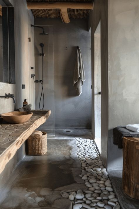 52+ Earthy Bathroom Ideas to Create a Spa-Like Escape No Shower Door Showers, Rock Shower Ideas, Stone Shower Ideas, Earthy Bathroom Ideas, Concrete Bathroom Design, Earthy Homes, Wabi Sabi Bathroom, Rustic Modern Bathroom, Farm Bathroom