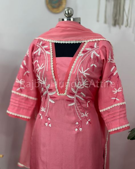 Elegant in every stitch, this carrot pink Pakistani-style suit features intricate white thread embroidery, blending tradition with contemporary charm. . ✨ Colour Available. ✨ 9467508996 is our only contact number to contact us. . #rajbirhundalattire #rajbirhundaldesigns #machineembroidery #machinework #trendingsuits #pakistanisuitsinindia #punjabisuitsboutique #casualwear #casualwearfashion White Thread Embroidery, Lace Suit, Pakistani Style, Fabric Paint Designs, Pink Embroidery, Punjabi Suit, Suit Design, Designer Dresses Casual, Indian Suits