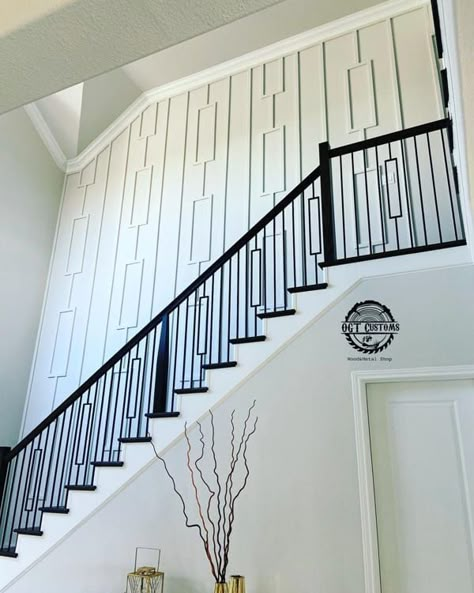 Paneling On Stairs Wall, Staircase Large Wall Decor, Tall Wall Design Ideas, Painting Ideas For Stairway Walls, High Wall Staircase Decor, Stairway Wall Decorating Ideas Modern, Long Stairway Wall Decor, Wallpaper Accent Wall Stairs, 2 Story Stairwell Wall Ideas