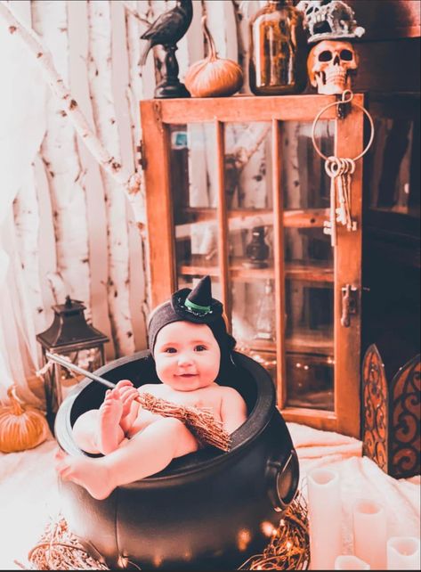 Baby Cauldron Photoshoot, Spooky Newborn Pictures, Halloween Cake Smash Photoshoot, Halloween 2 Month Baby Pictures, Witch Maternity Photos, Halloween Photo Shoot Baby, Cauldron Photoshoot, Spooky Baby Photoshoot, Infant Halloween Photoshoot