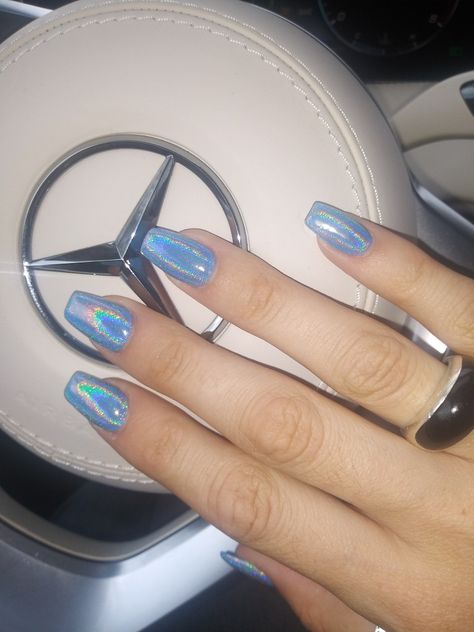 Royal Blue Holographic Nails, Blue Opalescent Nails, Hairdesign Ideas, Blue Holo Nails, Blue Holographic Nails, Duochrome Nails, Blue Shellac Nails, Futuristic Nails, Holographic Nails Acrylic