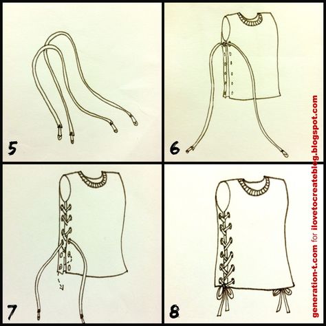 No Sew lace up tank - easy to make t shirts that are too big fit.  OuterLace steps 5678 generation-t.com Diy Cut Shirts Step By Step, Diy Shirts No Sew, Diy Lace Shirt, Diy Lace Up Shirt, Alt Diys, Shirt Weaving, Alt Diy, Diy Goth Clothes, Tshirt Upcycle