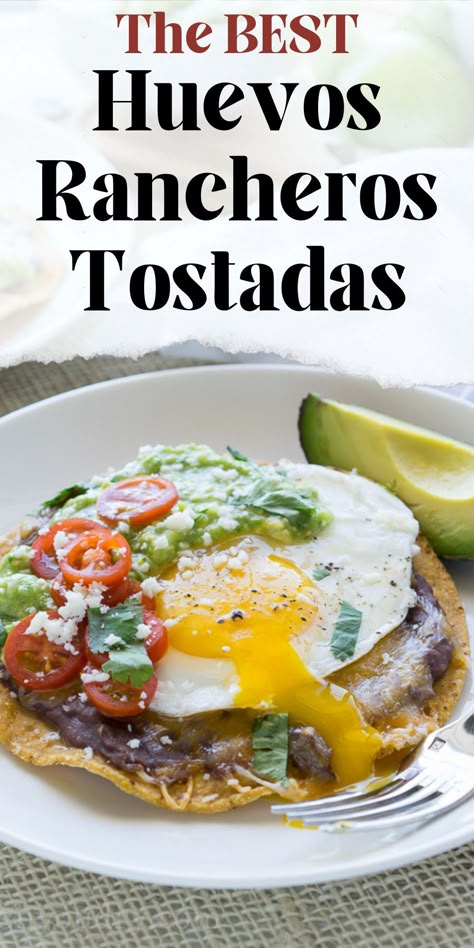 Huevos Rancheros Breakfast Tostadas with Avocado Salsa Verde Huevos Rancheros Tostadas, Breakfast Tostada, Avocado Salsa Verde, Huevos Rancheros Breakfast, Breakfast Tostadas, Huevos Rancheros Recipe, Fiddle Tree, Mexican Breakfast Recipes, Salsa Recipes