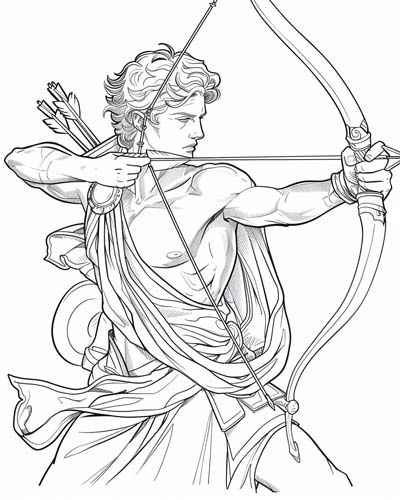 coloring page of Apollo as an archer Greek Roman Mythology, World On Shoulders Drawing, Greek Drawings Mythology Art, Apollo Statue Tattoo, Greek Mythology Outline, Ancient Greek Gods Art, Greek Art Sketch, Prometheus Illustration, Greek Gods Art Drawing