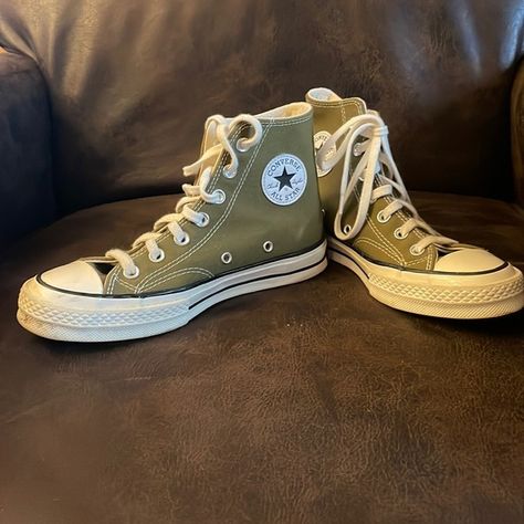 Converse 70 canvas high-top Olive Green! Olive Converse, Olive Green Converse, Converse 70, Shoes Wishlist, Everyday Shoe, Shoe Wishlist, Silver Sneakers, Green Converse, Converse Chuck 70