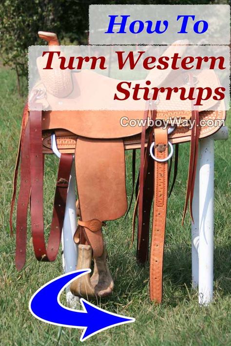 How to turn the stirrups on a Western saddle. Most Western riders benefit from "turning" their stirrups. You can easily train your saddle's stirrups to twist outwards from the sides of the horse. Turned stirrups offer a rider easier and safer mounting and dismounting, less strain in their legs while riding, and far greater ease in regaining a lost stirrup while riding. Saddle Repair, Horse Training Ground Work, Quick Release Knot, Barrel Racing Tips, Horse Hacks, Headstalls For Horses, Diy Horse Barn, Pony Saddle, Healthy Horses