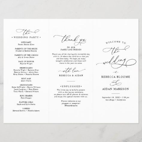 $1.80 | Elegant Black and White Wedding Ceremony Program #wedding programs, rustic, calligraphy script, order of service, elegant, modern, ceremony program, trifold, simple, black and white Black And White Wedding Ceremony, Elegant Black And White Wedding, White Wedding Ceremony, Zazzle Wedding, Wedding Ceremony Programs, Black Wedding Invitations, Engagement Party Decorations, Black And White Wedding, Ceremony Programs