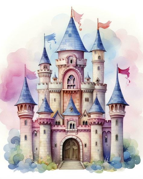 Princess Castle Cartoon, Princess Castle Drawing, Disney Castle Art, Watercolor Kawaii, Watercolor Castle, Unicorn Castle, Castle Cartoon, Castle Disney, Disney Princess Castle