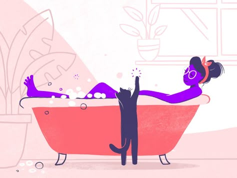 Taking Bath Drawing, Shower Illustration Bathroom, Woman In Bathtub Illustration, Bathtub Illustration, Bath Illustration, Taking A Bath Cartoon, Bathroom Illustration, Friday Illustration, Cat Bath Illustration