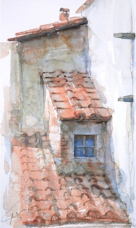 Florence Watercolor, Unique Content Ideas, Watercolor Building, Watercolor Window, Watercolor Buildings, Roof Painting, Watercolor Sketching, Tile Roof, Watercolor House