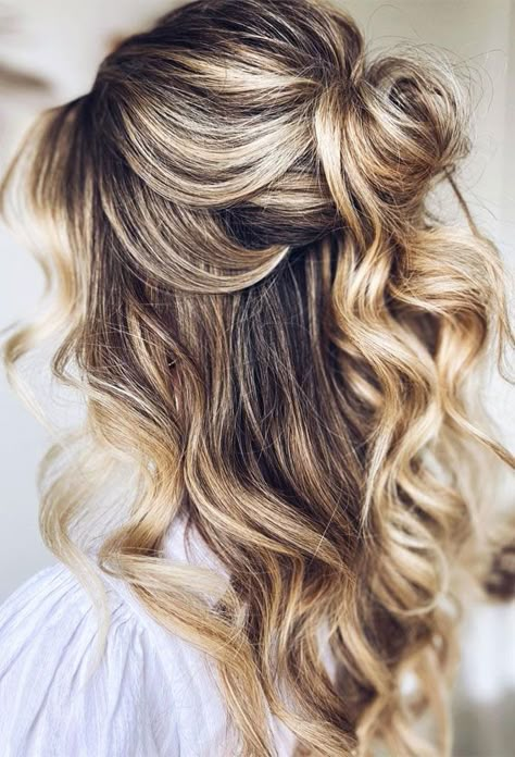 half up half down hairstyle, wedding half up half down hairstyle, boho half up, bridal hairstyle, bridal half up half down, wedding hair down, half up half down bridal hairstyle Relaxed Half Up Wedding Hair, Fall Bridal Hair, Makeup Soft Glam, Bridal Hair Half Up Half Down, Loose Bun, Bridesmaid Hair Inspo, Bridal Hair Half Up, Hair Education, Half Up Wedding