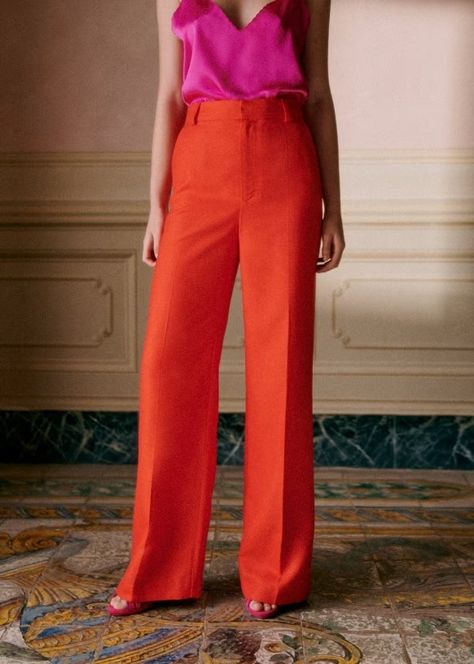 Giovanni Trousers - Red - Viscose - Sézane Orange Trousers Outfit, Denim Suit, Trouser Outfits, Polo Sweatshirt, Knitwear Dress, Short Jacket, Parisian Style, Occasion Wear, Jean Shorts