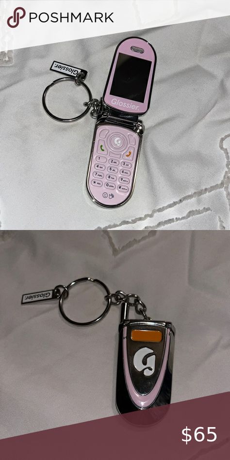 Glossier flip phone keychain Glossier Keychain, Flip Phone Mirror, Flip Phone Keychain, Minimalistic Makeup, Phone Keychain, Small Mirror, Flip Phone, Makeup Product, Flip Phones