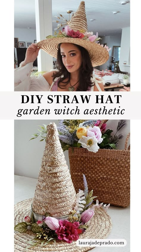 easy-to-make Cottagecore straw witch hat for a whimsical touch at renaissance festivals, picnics, and more Festival Witch Outfit, Diy Wicker Witch Hat, Diy Straw Witch Hat, Ren Faire Witch Accessories, Wicker Witch Hat, Nature Witch Hat, Homemade Witch Hat, Cottage Core Witch Hat, Garden Witch Hat