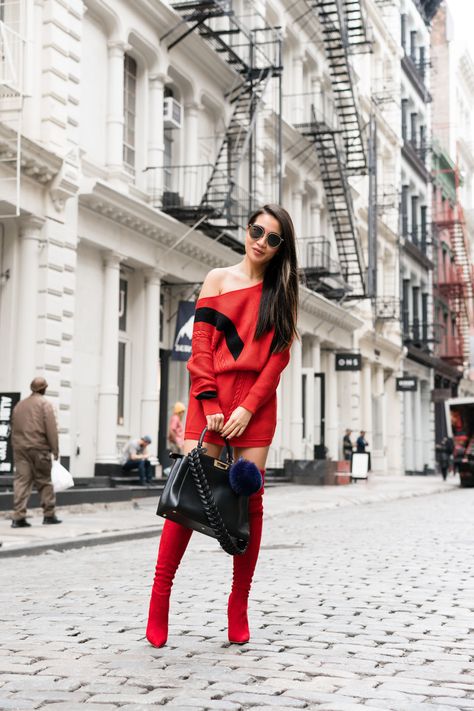 Sharing an all red monochromatic look today! This red sweater dress is actually reversible and I cinch the waist with a belt for a more feminine style. Long Red Boots Outfit, Fall Outfit For Women, Wendy Nguyen, Wendy's Lookbook, Love Sweater, Spring Refresh, Red Sweater Dress, Outfit For Women, Outfit Red