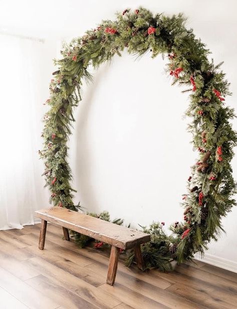 Christmas Floral Photoshoot, Fabric Backdrop Christmas, Christmas Hoop Photography Prop, Christmas Tree Photo Backdrop, Christmas Studio Setup Diy Photo, Indoor Holiday Mini Sessions, Easy Diy Christmas Backdrop Photography, Christmas Photography Backgrounds, Modern Christmas Photo Backdrop