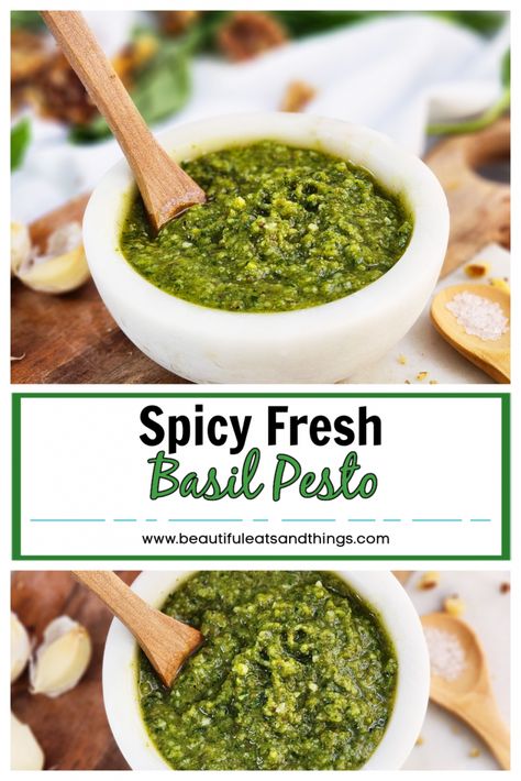 Spicy Pesto Sauce, Spicy Pesto Recipe, Spicy Pesto, Jalapeno Pesto Recipe, Fresh Basil Pesto Recipe, Spicy Walnuts, Basil Pesto Sauce, Basil Pesto Recipes, Basil Sauce