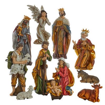 The 15-inch resin nativity table piece set of 11 pieces depicts the scene of the birth of Jesus Christ. The 11 pieces consist of the classic nativity characters with farm animals. The pieces can be arranged to depict the traditional scene. The set is made to last year after year to always have a reminder of the meaning of Christmas. | Kurt Adler Nativity Sets 15.0 x 5.5 x 4.0 in, Plastic | KJC12938 | Wayfair Canada Nativity Set Under Christmas Tree, Nativity Set On Fireplace Mantle, Nativity Set Entryway, Nativity Set Layout, Dig Display For Nativity Sets, Nativity Scene In Lantern Table, Nativity Scene Inside Fireplace, Nativity Scene Display On Table, Nativity Set Display On Table