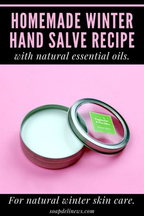 Hand Salve Recipe for Winter Skin Care with Natural Essential Oils & Beeswax. Learn how to protect, hydrate and soothe dry hands with this simple, homemade winter hand salve recipe. It's made beeswax, coconut oil and natural peppermint and pine essential oils. These ingredients then all come together to create a natural product that's perfect for your winter skin care routine. Homemade Balm, Lotion Bars Recipe, Essential Oil Skin Care, Winter Skin Care Routine, Pine Essential Oil, Salve Recipes, Hand Salve, Lotion Recipe, Natural Beauty Care