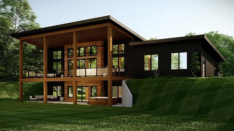 Plan 43939 | Modern Mountain House Plan With Window Wall Slope House Design, Modern Mountain House Plans, Lake Front House Plans, Small Lake Houses, Mountain House Plan, Retirement House Plans, Sloping Lot House Plan, Modern Mountain House, Slope House