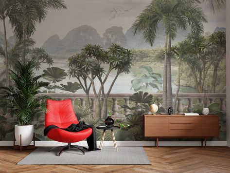 Tropical Mural, River Wallpaper, Unusual Wallpaper, Green Leaf Wallpaper, Paradise Wallpaper, Elephant Wallpaper, Tropical Trees, Banana Leaf Wallpaper, Forest Wall Mural