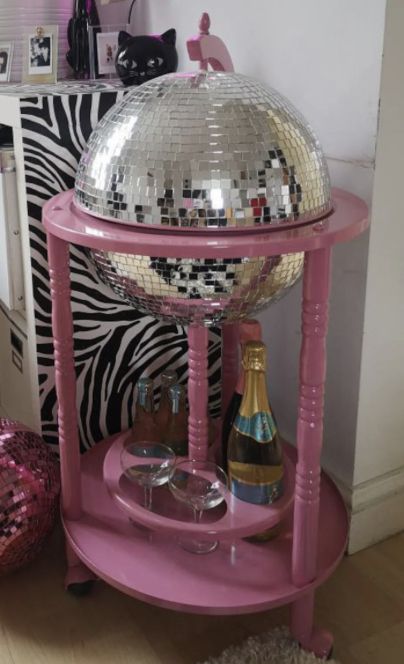 Diy Globe Bar Cart, Disco Ball Bar Cart, Pink Home Bar, Disco Bar Cart, Disco Ball Dorm Room, Disco Themed Room, Pink Disco Room, Disco Ball Bathroom, Diy Disco Ball Decor