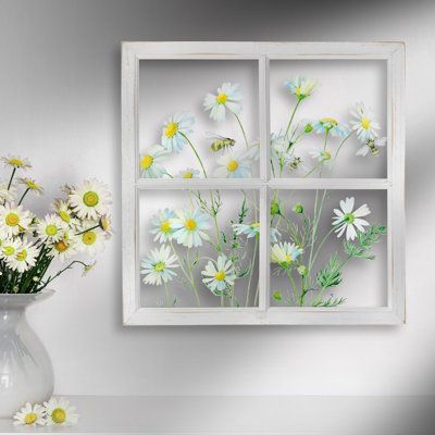 Spring is a bloom and these pretty window daisies and bees frame are the perfect way to show your love for the season. Crafted with acrylic in white hues. Arrives ready to hang, no additional mounting required. Display in the foyer, bathroom, kitchen, or bedroom for a fun touch. Intended for decorative use only. Wipes clean with a damp cloth. | Winston Porter Daisies & Bees - Picture Frame Painting on Wood in Brown / Green / White, Size 18.9 H x 18.9 W x 0.71 D in | Wayfair | Home Decor Glass Window Decor Ideas, Painting On Glass Picture Frames, Painting On Windows Ideas, Picture Frame Glass Painting, Glass Frame Painting, Painted Window Panes, Vintage Window Decor, Daisies And Bees, Diy Window Frame